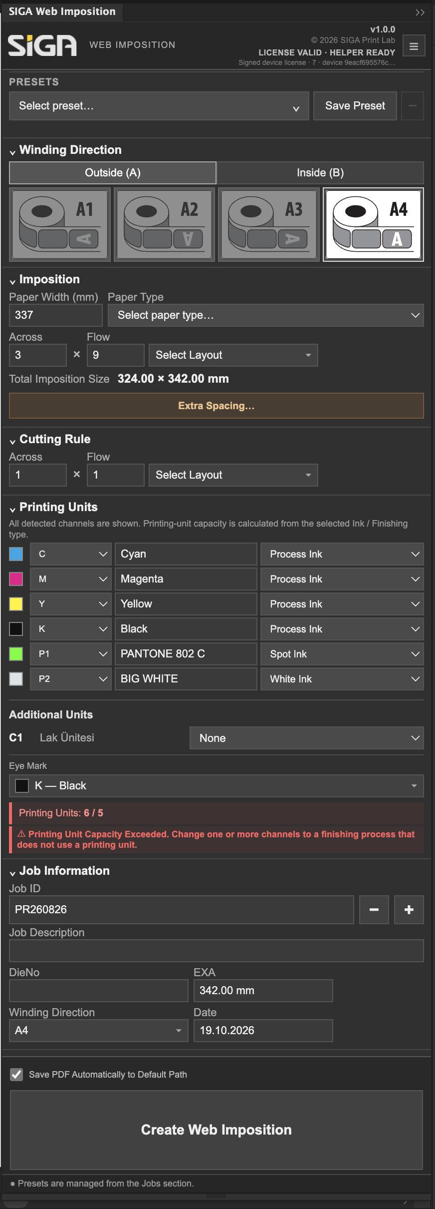 Actual SIGA Web Imposition v1.0.0 interface screenshot